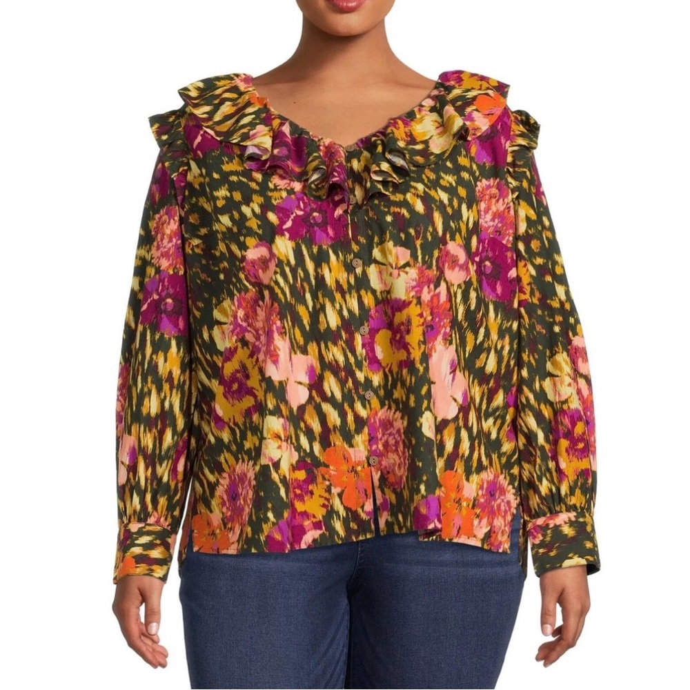 Terra & Sky Multicolor Ruffle Long Sleeve Blouse‎ Size 1X (16W-18W)